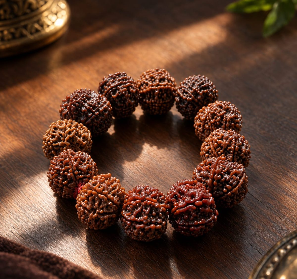 Rudraksha bead bracelet on dark wood in warm light